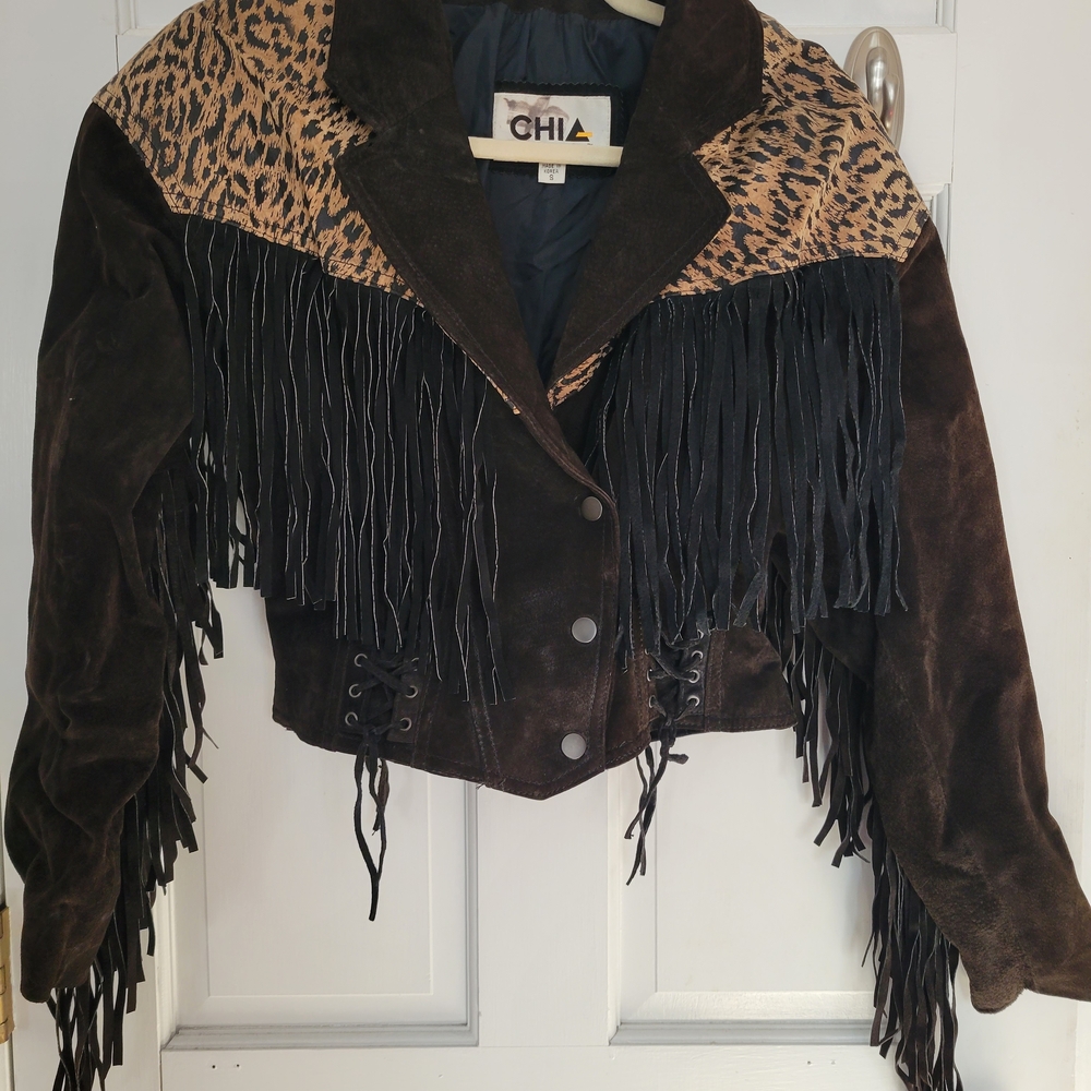 Chia Women's Black and Brown Fringe Leather Jacket